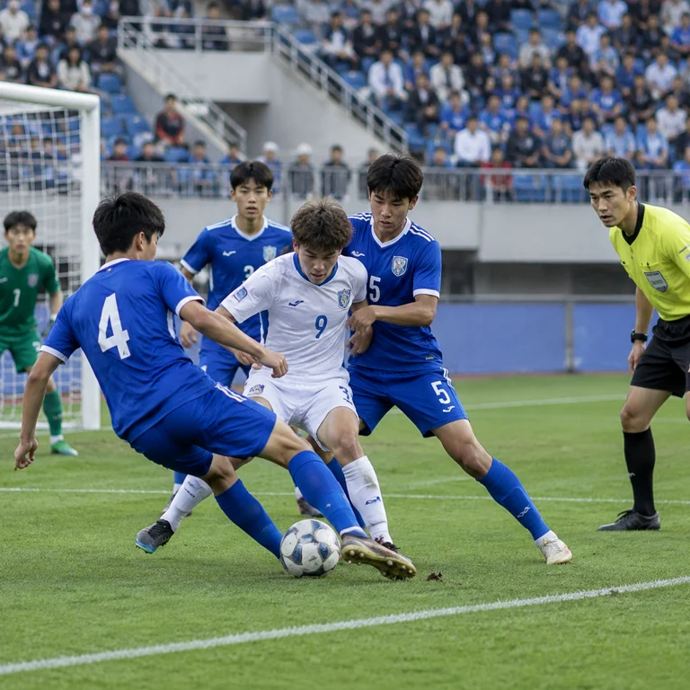 U17青年足球比赛中球员在禁区内防守