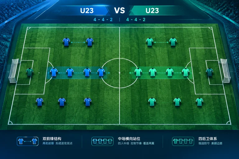 U23国足对阵伊朗U23赛前阵型示意图，重点呈现442站位
