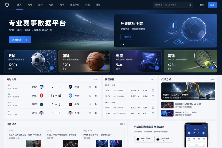 开云体育数据资讯页面示意图,展示赛事信息、比分与赛程模块的企业级内容布局