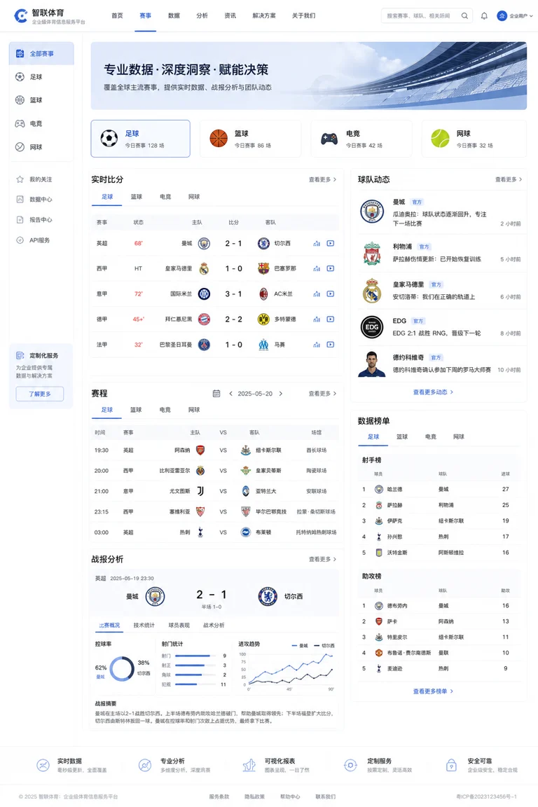开云体育资讯页面展示足球、篮球与电竞赛事内容的企业级信息服务界面