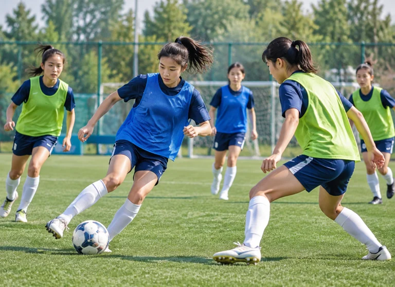 女子青年足球运动员在训练场进行有球训练