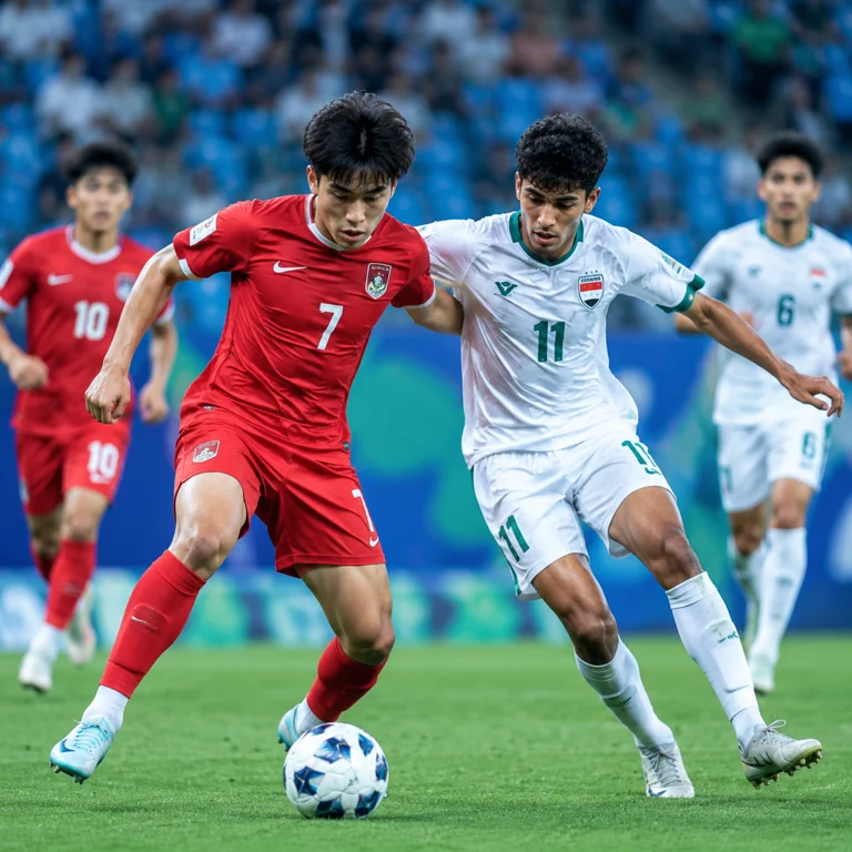 U23亚洲杯足球比赛场景，球员在绿茵场上展开对抗